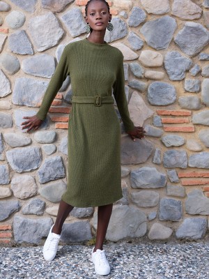 Woman Khaki Lycra Half Turtleneck Dress Woman Khaki Lycra Half Turtleneck Dress