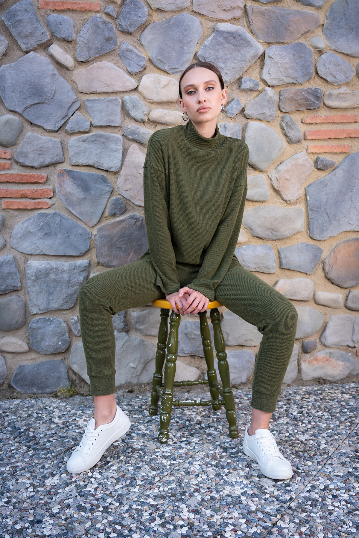 Woman Khaki Lycra Half Turtleneck Tight Set Woman Khaki Lycra Half Turtleneck Tight Set