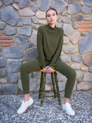 Woman Khaki Lycra Half Turtleneck Tight Set Woman Khaki Lycra Half Turtleneck Tight Set