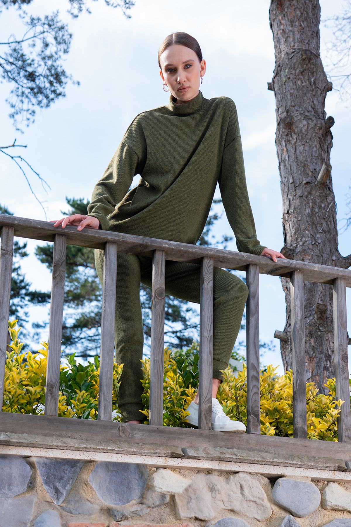 Woman Khaki Lycra Half Turtleneck Tight Set Woman Khaki Lycra Half Turtleneck Tight Set