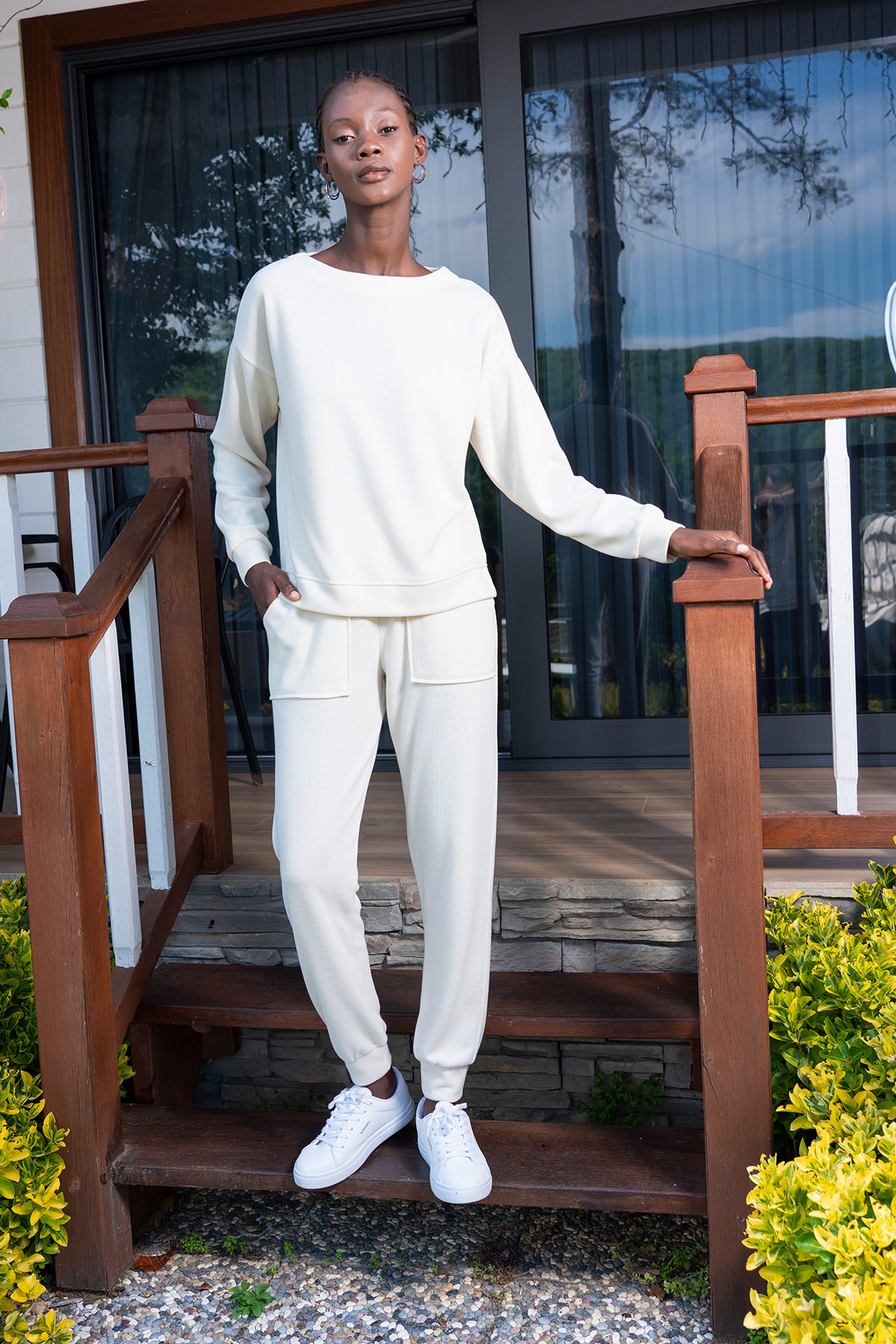Woman Ecru Lycra Polyviscon Low Shoulder Long Sleeve Pant Set Woman Ecru Lycra Polyviscon Low Shoulder Long Sleeve Pant Set