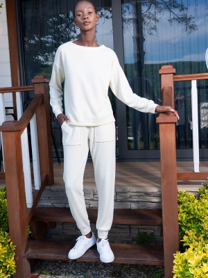 Woman Ecru Lycra Polyviscon Low Shoulder Long Sleeve Pant Set Woman Ecru Lycra Polyviscon Low Shoulder Long Sleeve Pant Set