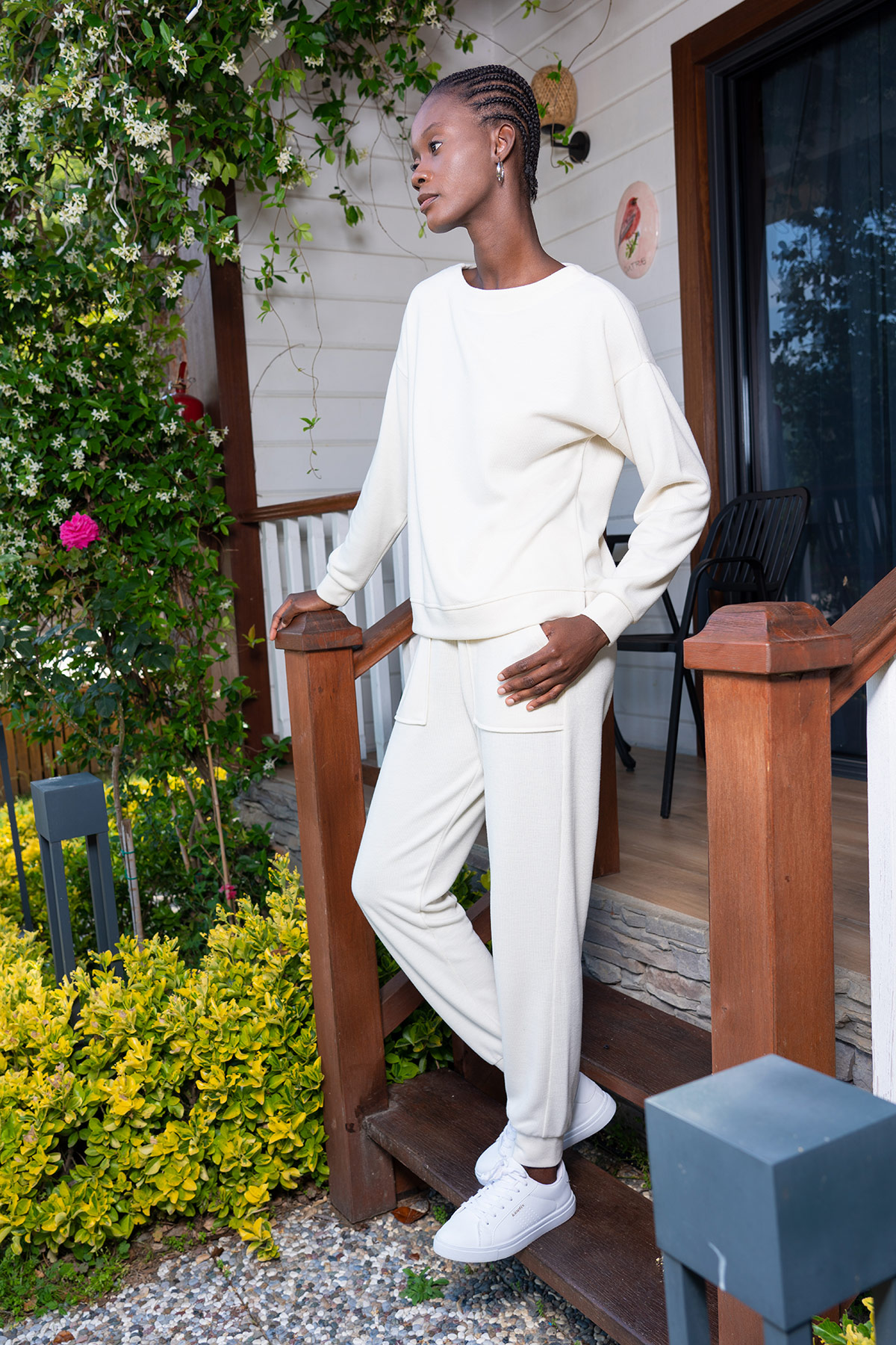 Woman Ecru Lycra Polyviscon Low Shoulder Long Sleeve Pant Set Woman Ecru Lycra Polyviscon Low Shoulder Long Sleeve Pant Set