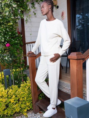 Woman Ecru Lycra Polyviscon Low Shoulder Long Sleeve Pant Set Woman Ecru Lycra Polyviscon Low Shoulder Long Sleeve Pant Set