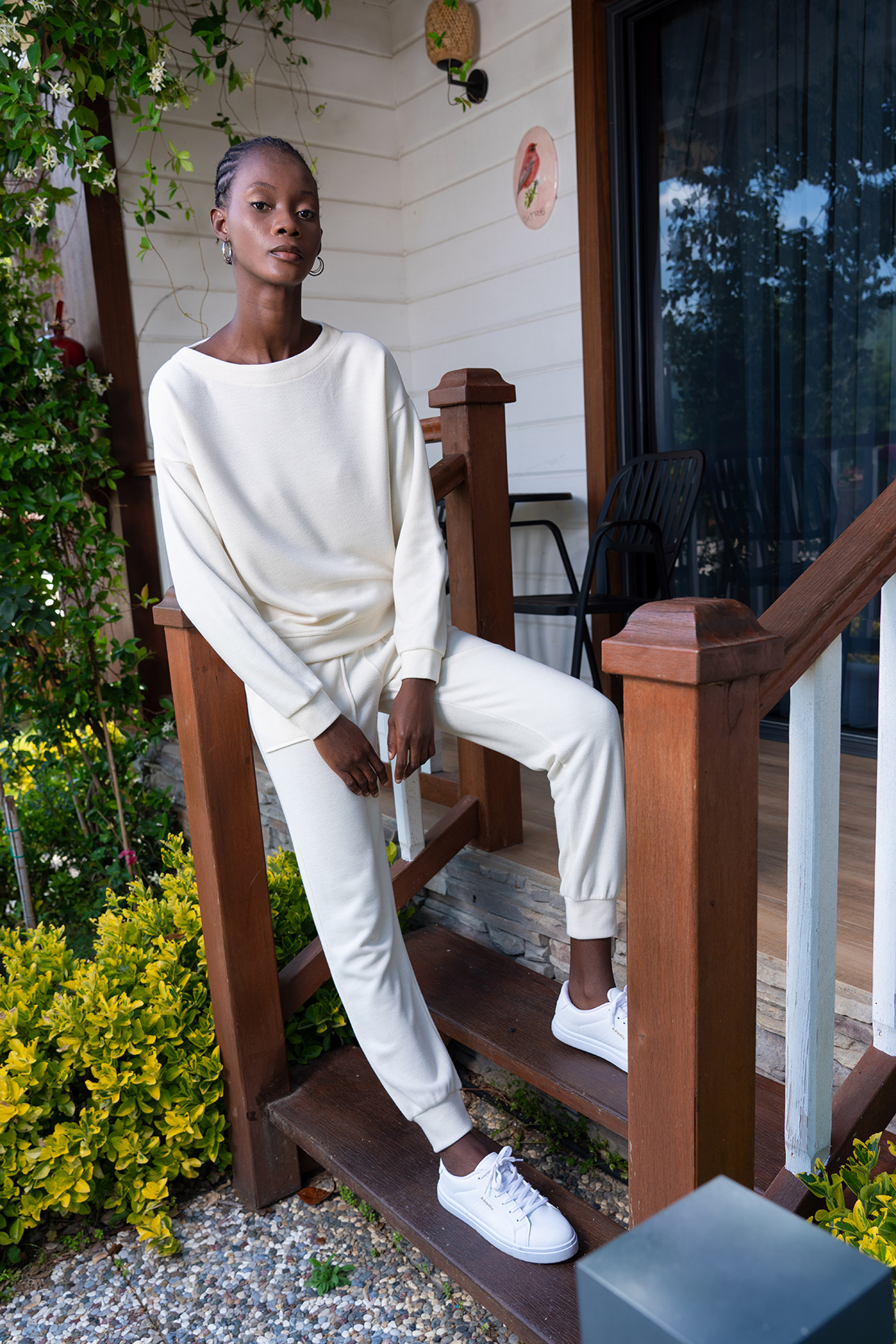 Woman Ecru Lycra Polyviscon Low Shoulder Long Sleeve Pant Set Woman Ecru Lycra Polyviscon Low Shoulder Long Sleeve Pant Set