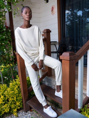 Woman Ecru Lycra Polyviscon Low Shoulder Long Sleeve Pant Set Woman Ecru Lycra Polyviscon Low Shoulder Long Sleeve Pant Set