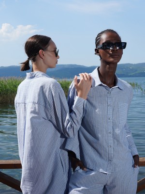 Woman Sky Cotton Viscon Shirt Collar Pant Set Woman Sky Cotton Viscon Shirt Collar Pant Set