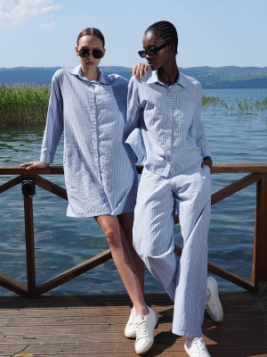 Woman Sky Cotton Viscon Shirt Collar Pant Set Woman Sky Cotton Viscon Shirt Collar Pant Set