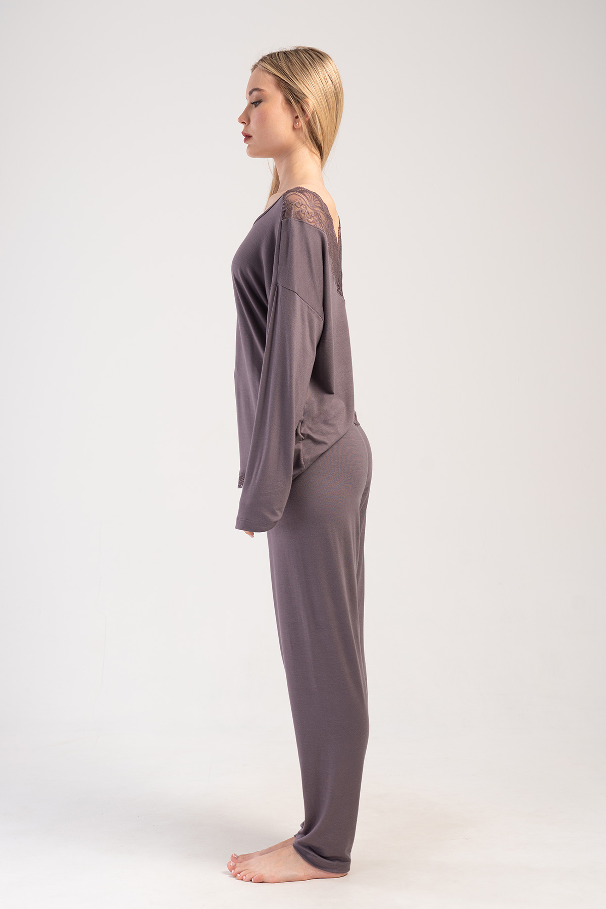 Woman Fume Lycra Viscon Lace Detail V Back Side Pyjama Set Woman Fume Lycra Viscon Lace Detail V Back Side Pyjama Set