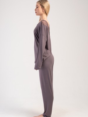 Woman Fume Lycra Viscon Lace Detail V Back Side Pyjama Set Woman Fume Lycra Viscon Lace Detail V Back Side Pyjama Set
