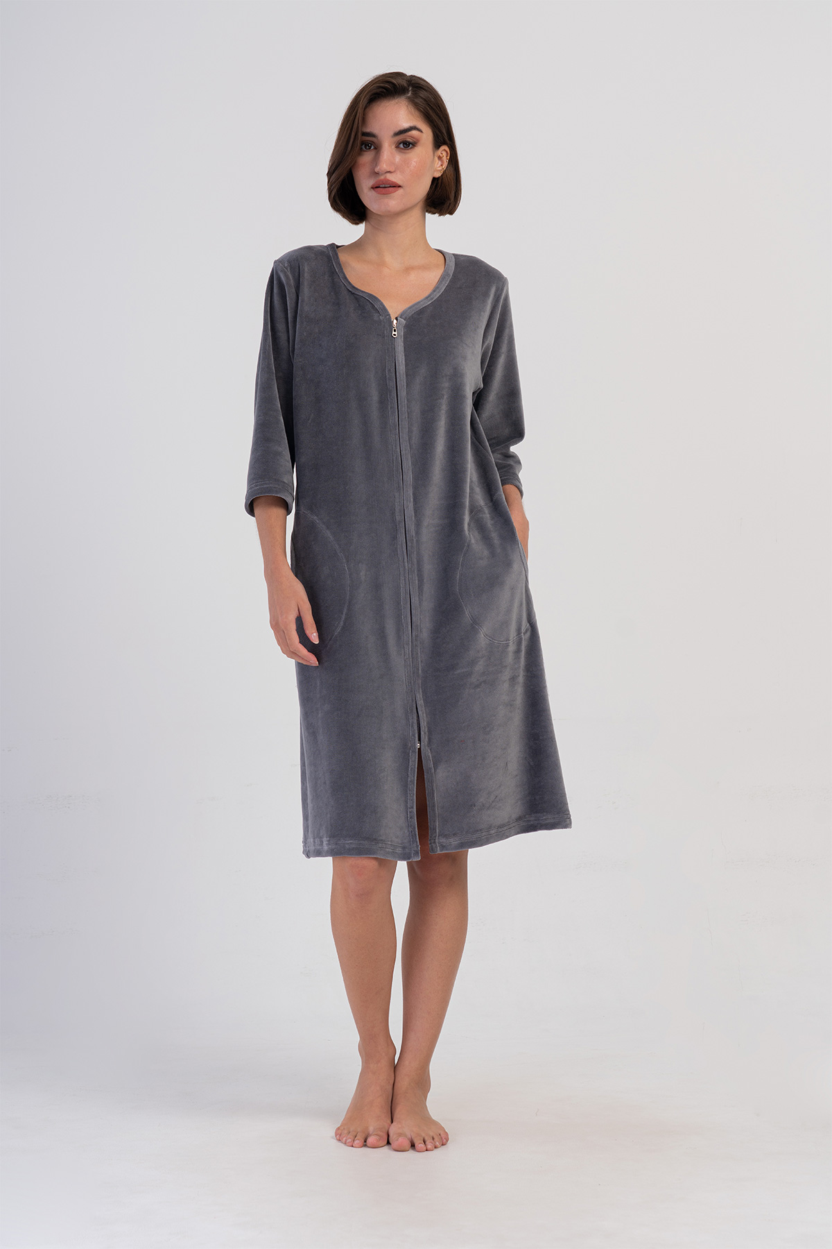 Woman Velvet Zipper Detail Poor Sleevee Home Dress Woman Velvet Zipper Detail Poor Sleevee Home Dress