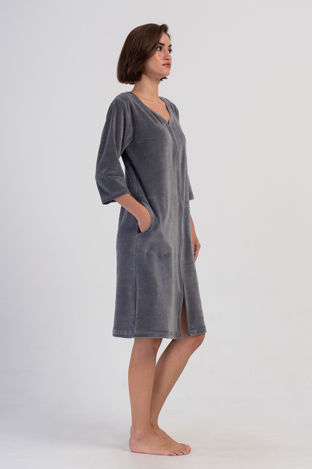 Woman Velvet Zipper Detail Poor Sleevee Home Dress Woman Velvet Zipper Detail Poor Sleevee Home Dress