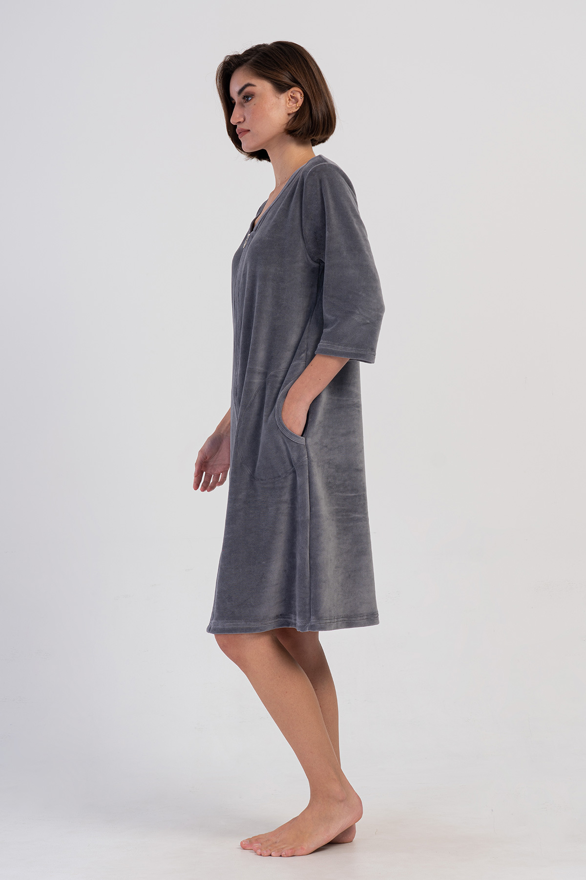 Woman Velvet Zipper Detail Poor Sleevee Home Dress Woman Velvet Zipper Detail Poor Sleevee Home Dress
