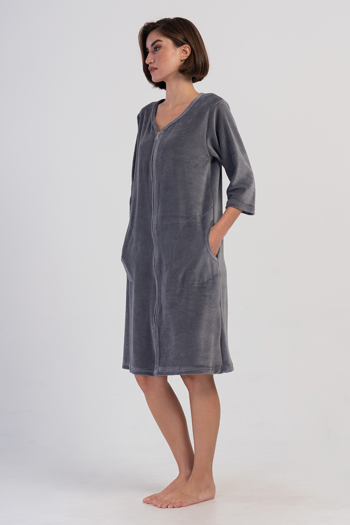 Woman Velvet Zipper Detail Poor Sleevee Home Dress Woman Velvet Zipper Detail Poor Sleevee Home Dress