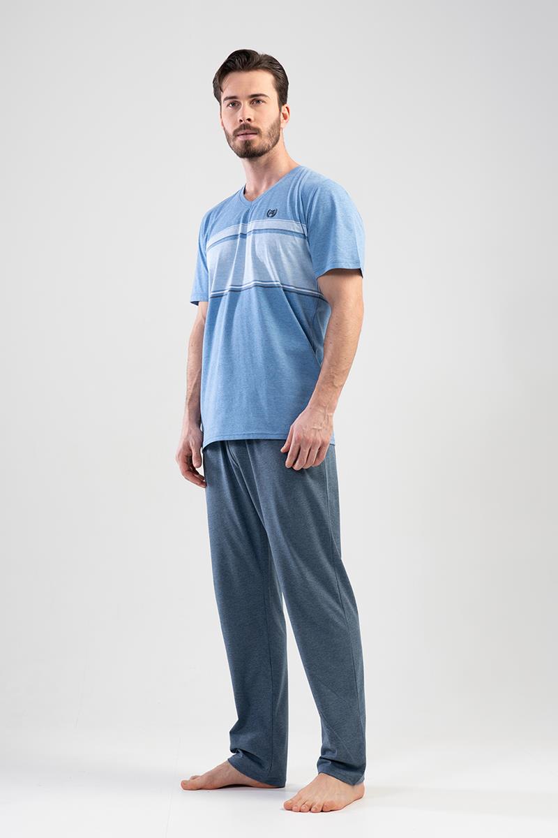 Man V Neck Blue Pyjama Set