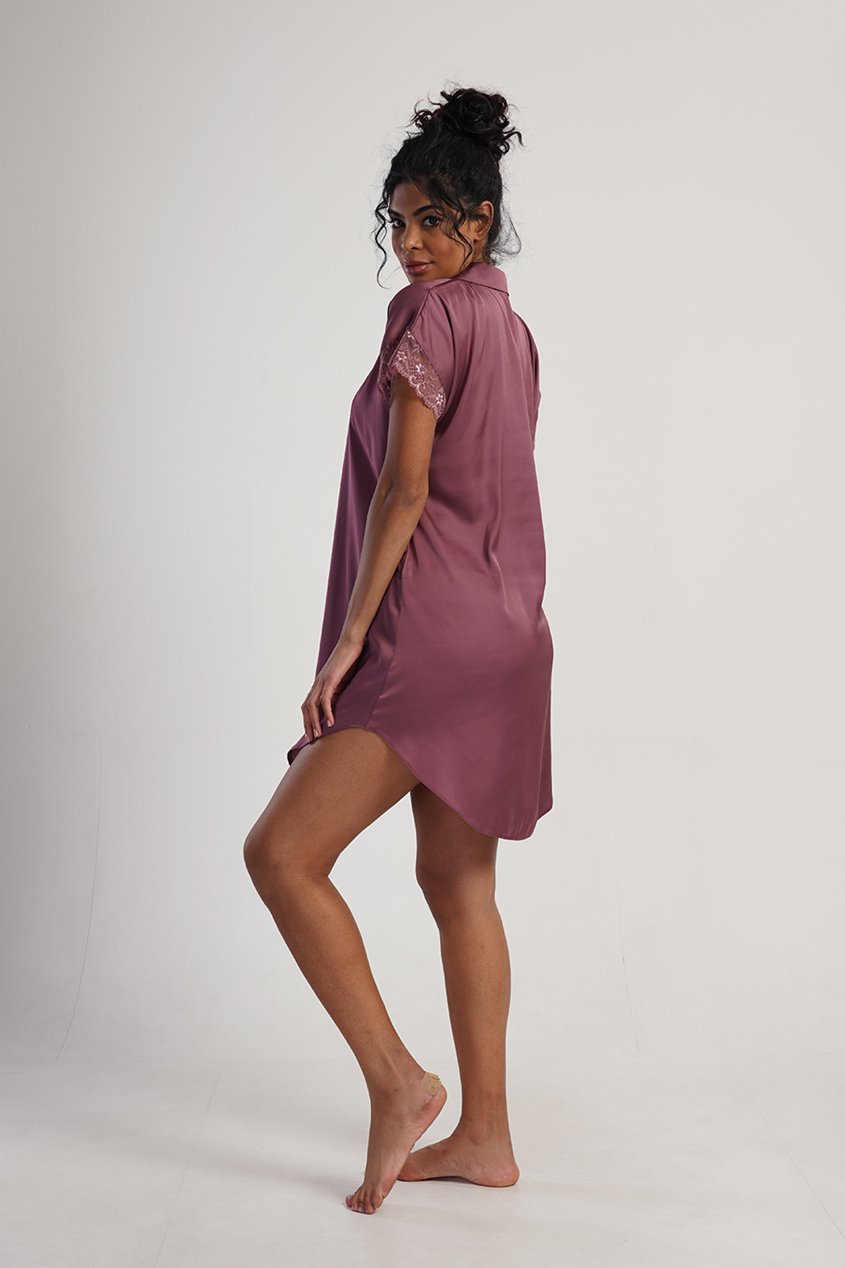 Woman Satin Plum Buttoned Shirt Tunic