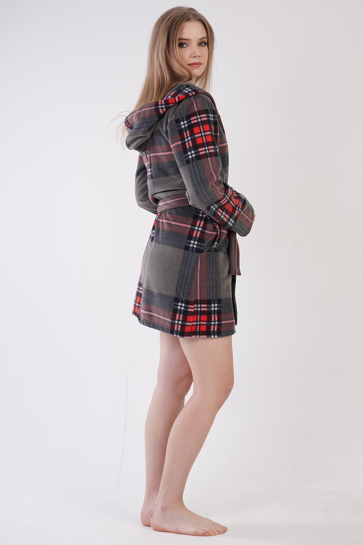 Woman Anthracite Plaid Fleece Long Sleeve Dressing Gown