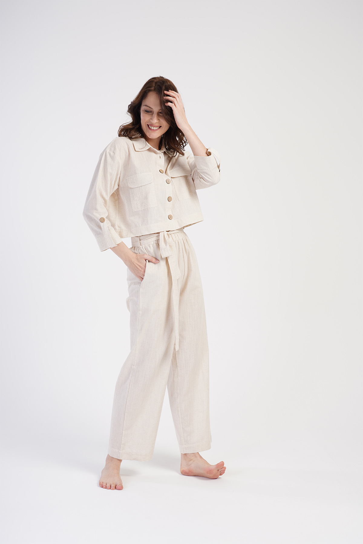 Woman Linen Menia Shirt Collar Pyjama Set