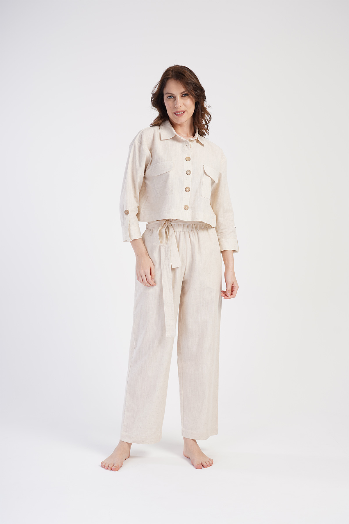 Woman Linen Menia Shirt Collar Pyjama Set