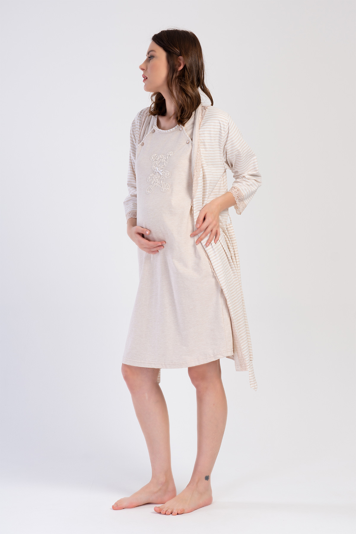 Woman Beige Supreme Buttoned Neck Tunic Dressing Gown Set