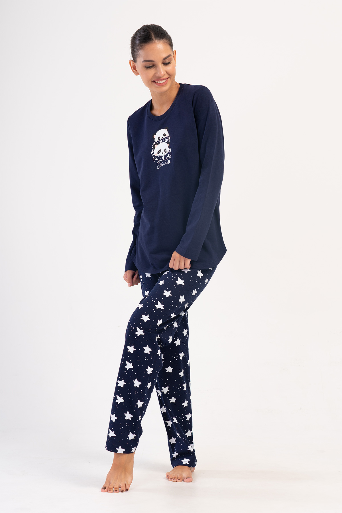 Woman Two Yarn Mesna O Neck Pyjama Set