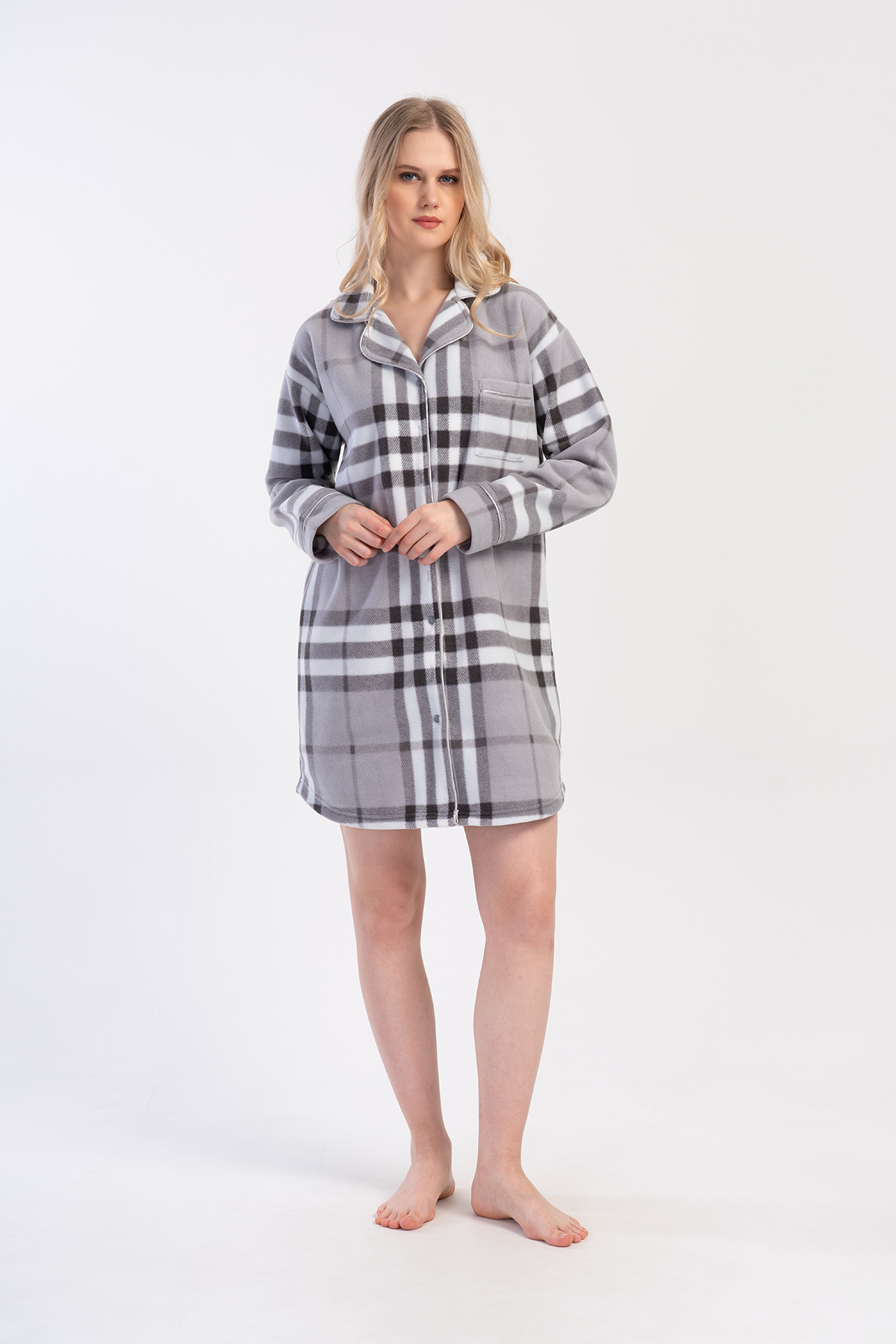 Woman Plaid Fleece Buttoned Tunic