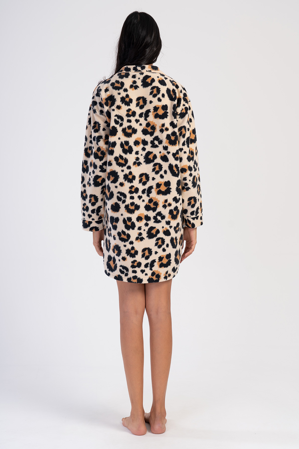 Woman Fleece Buttoned Shirt Neck Leopard Tunic