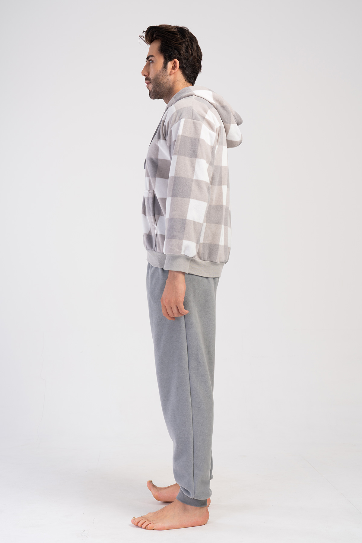 Man Gray Plaid Fleece Hoodie & Zipper Detail Pyjama Set