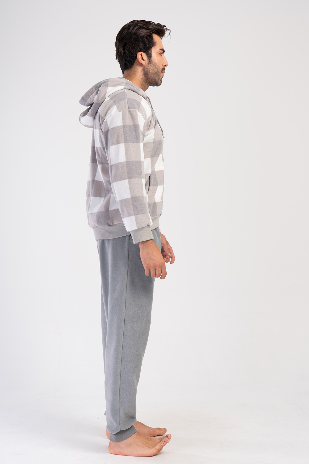 Man Gray Plaid Fleece Hoodie & Zipper Detail Pyjama Set