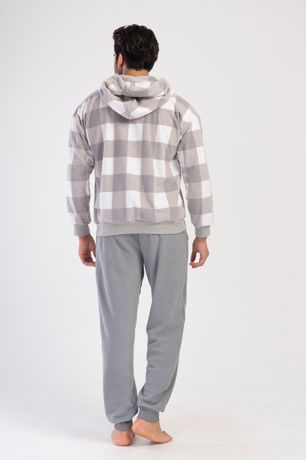 Man Gray Plaid Fleece Hoodie & Zipper Detail Pyjama Set