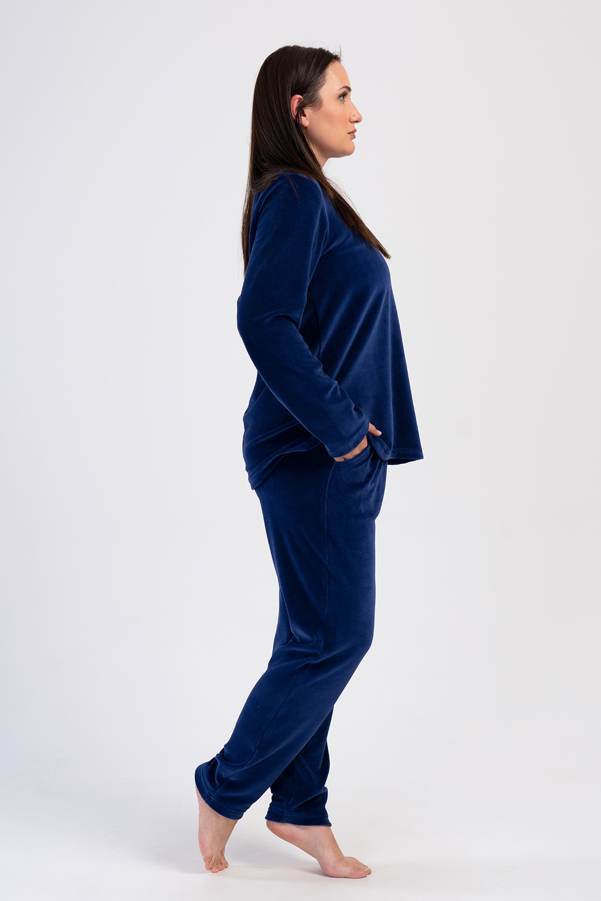 Woman Indigo Big Size Velvet Long Sleeve Pyjama Set