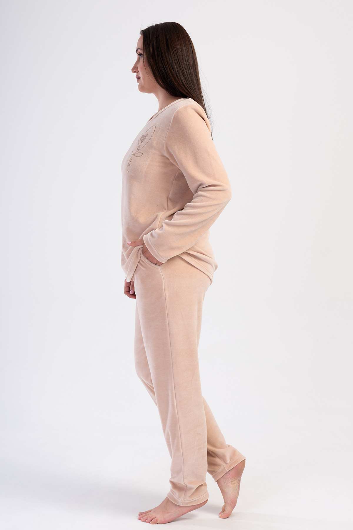 Woman Velvet Beige Pocket Detail Pyjama Set