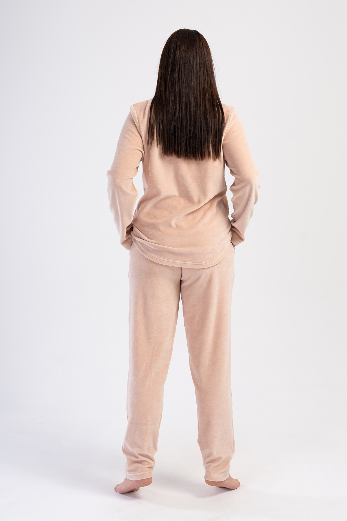 Woman Velvet Beige Pocket Detail Pyjama Set