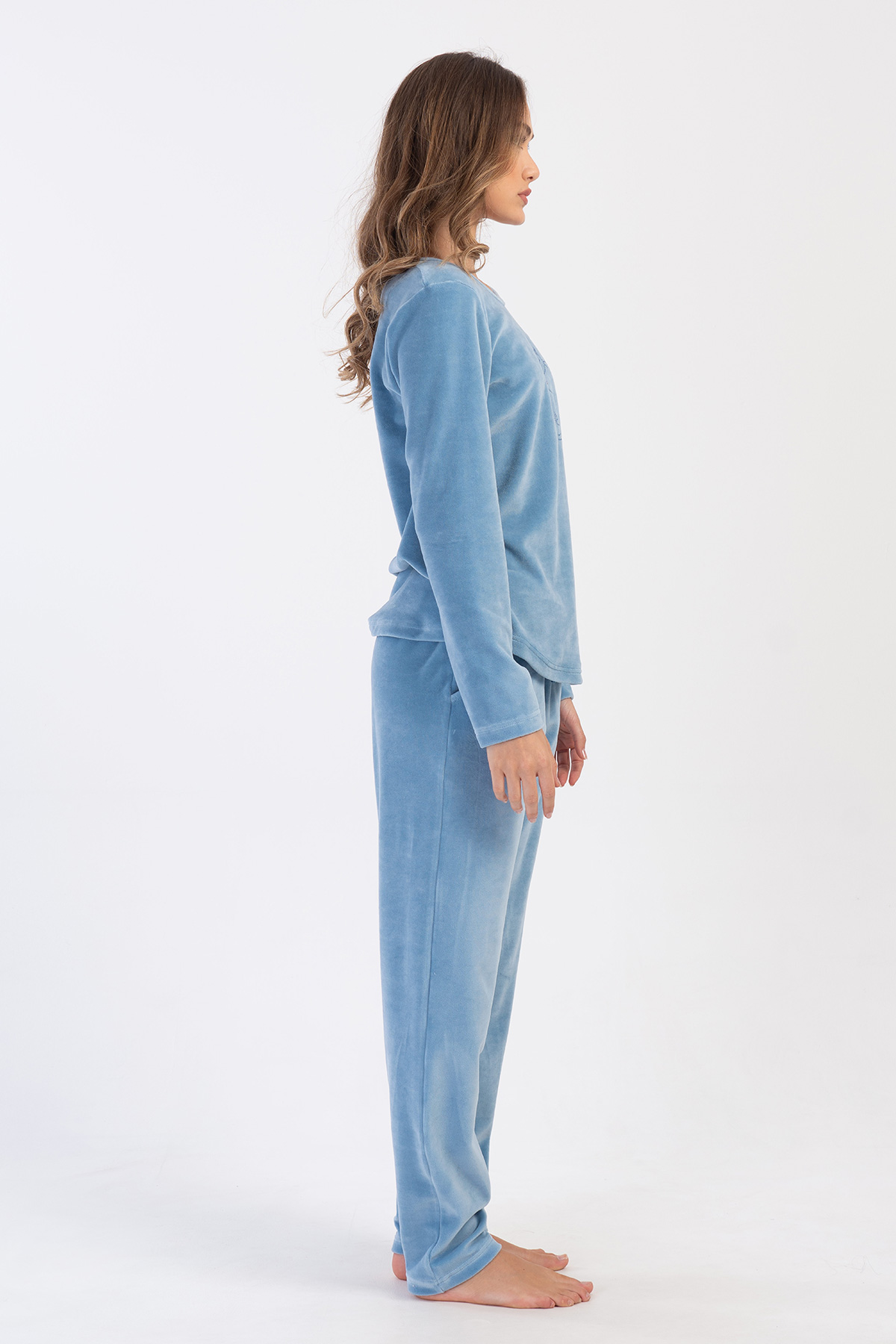 Woman Velvet Blue Pocket Detail Pyjama Set