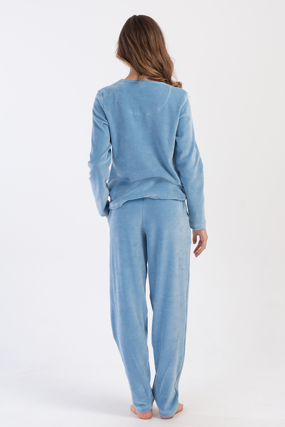 Woman Velvet Blue Pocket Detail Pyjama Set