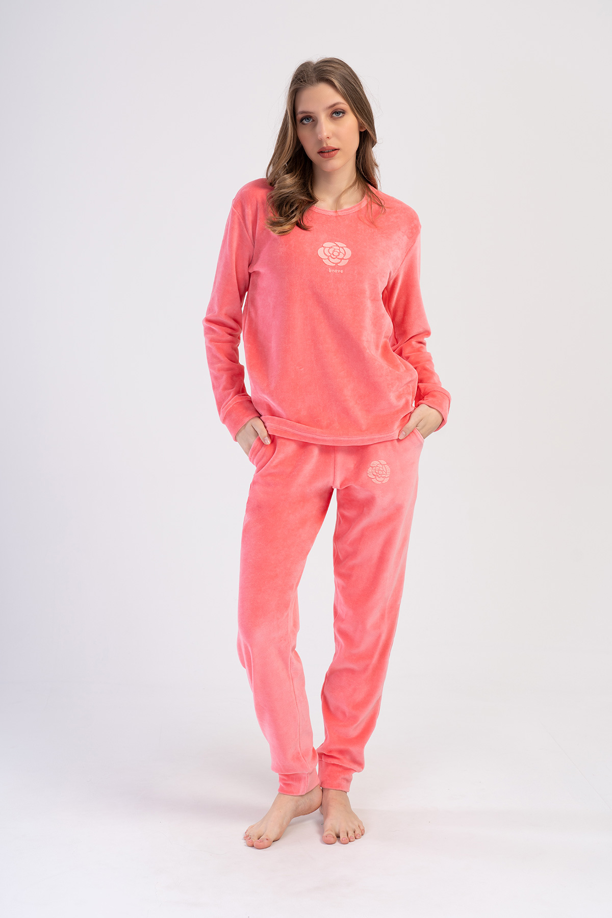 Woman Cotton Pink Velvet Long Sleeve Pocket Detail Pyjama Set