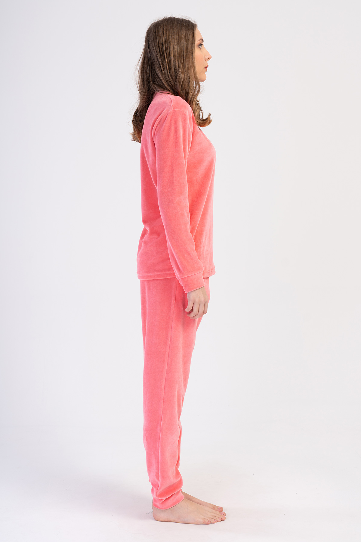 Woman Cotton Pink Velvet Long Sleeve Pocket Detail Pyjama Set