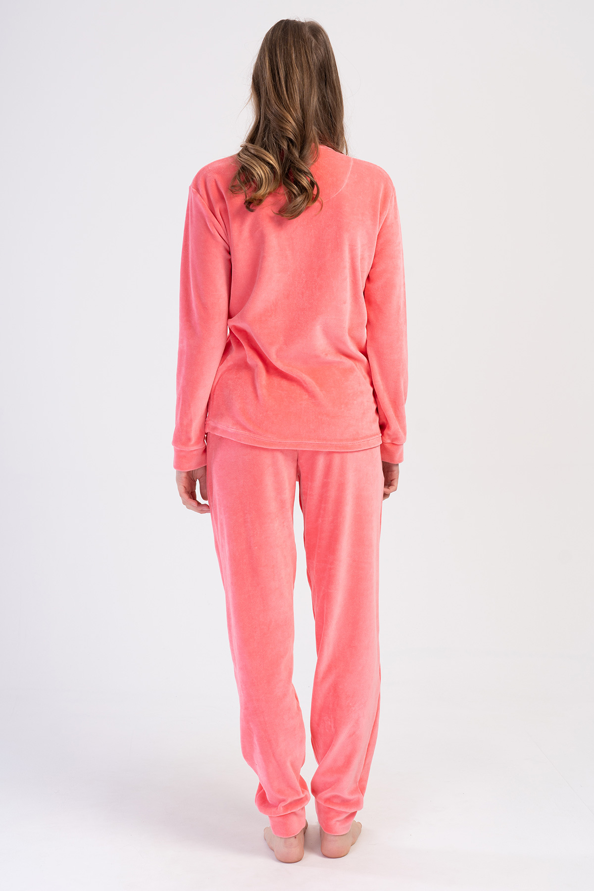 Woman Cotton Pink Velvet Long Sleeve Pocket Detail Pyjama Set