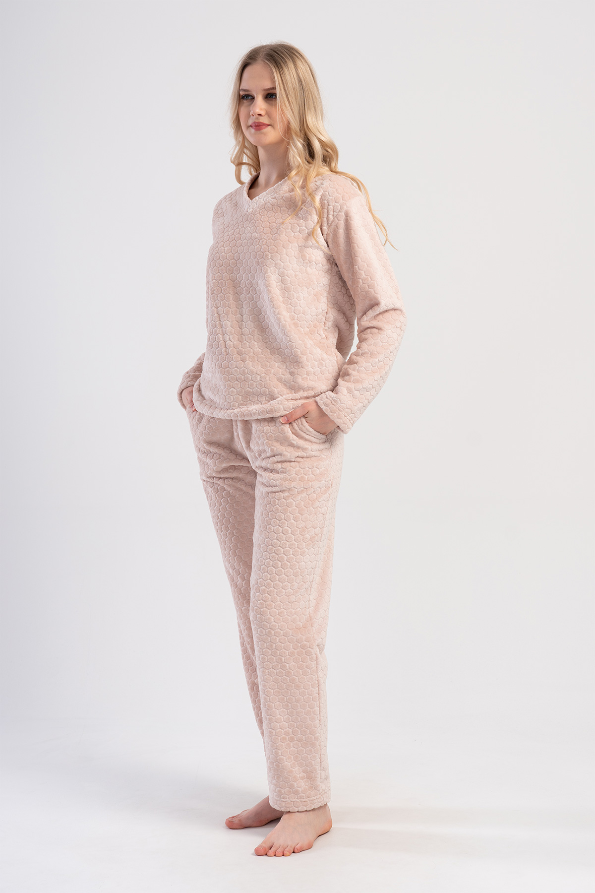 Woman Beige Ultrasoft V Neck Pyjama Set