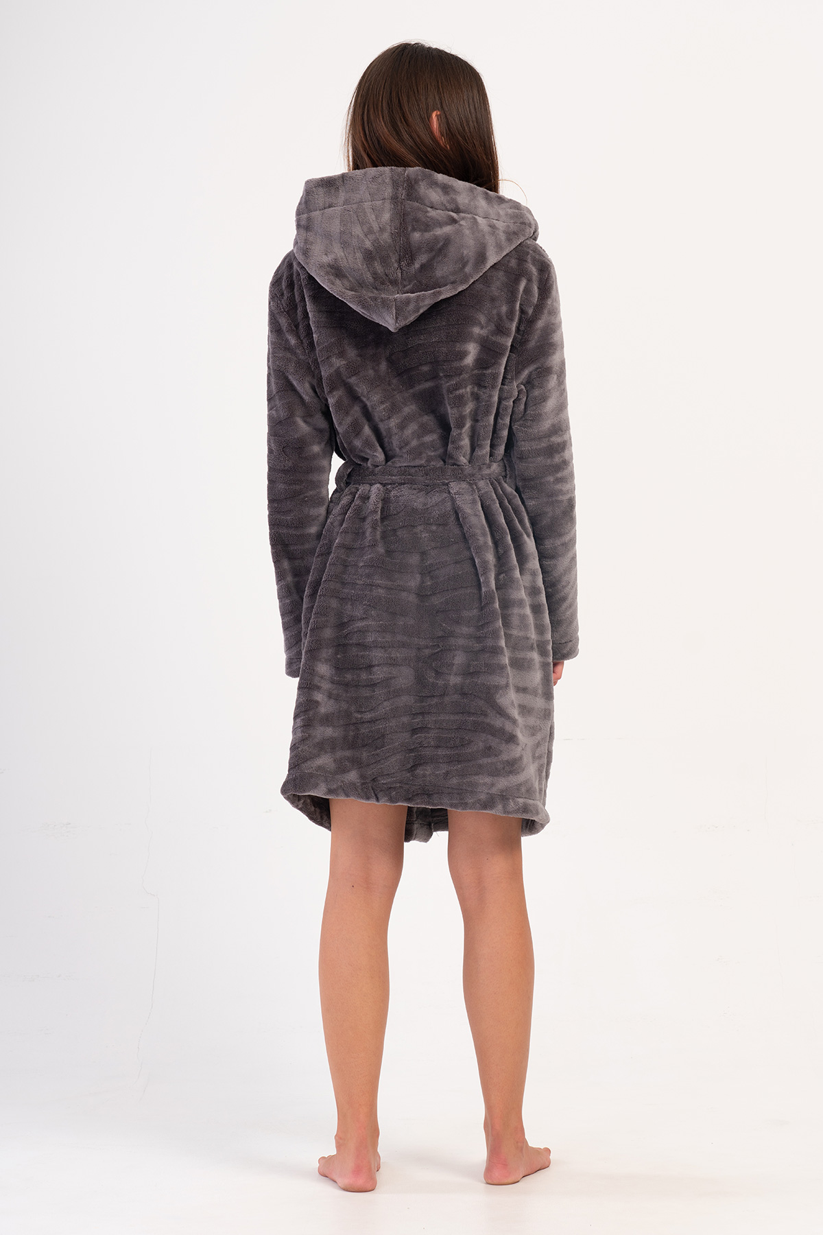 Woman Gray Ultrasoft Hoodie Pocket Detail Dressing Gown