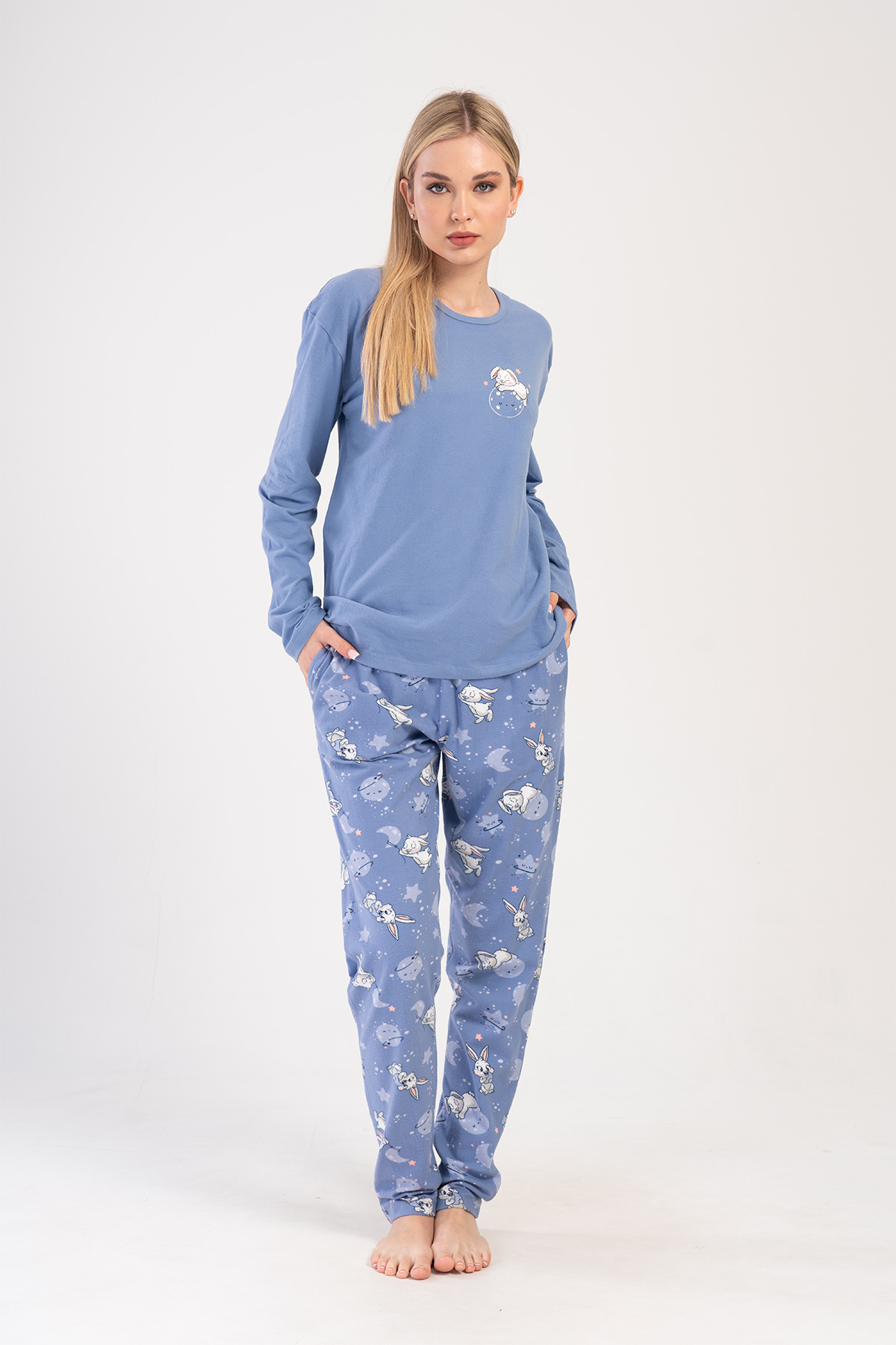 Woman Lycra Supreme Blue O Neck Pyjama Set