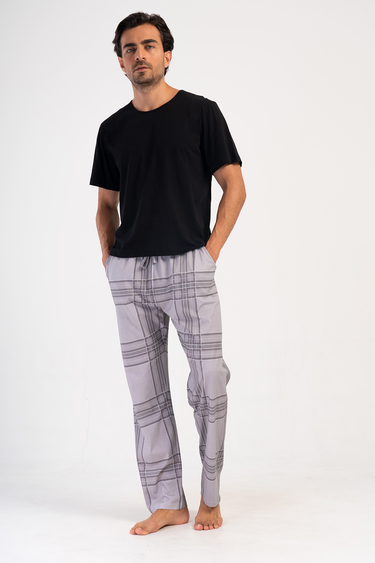 Man Gray Plaid Pyjama Separate