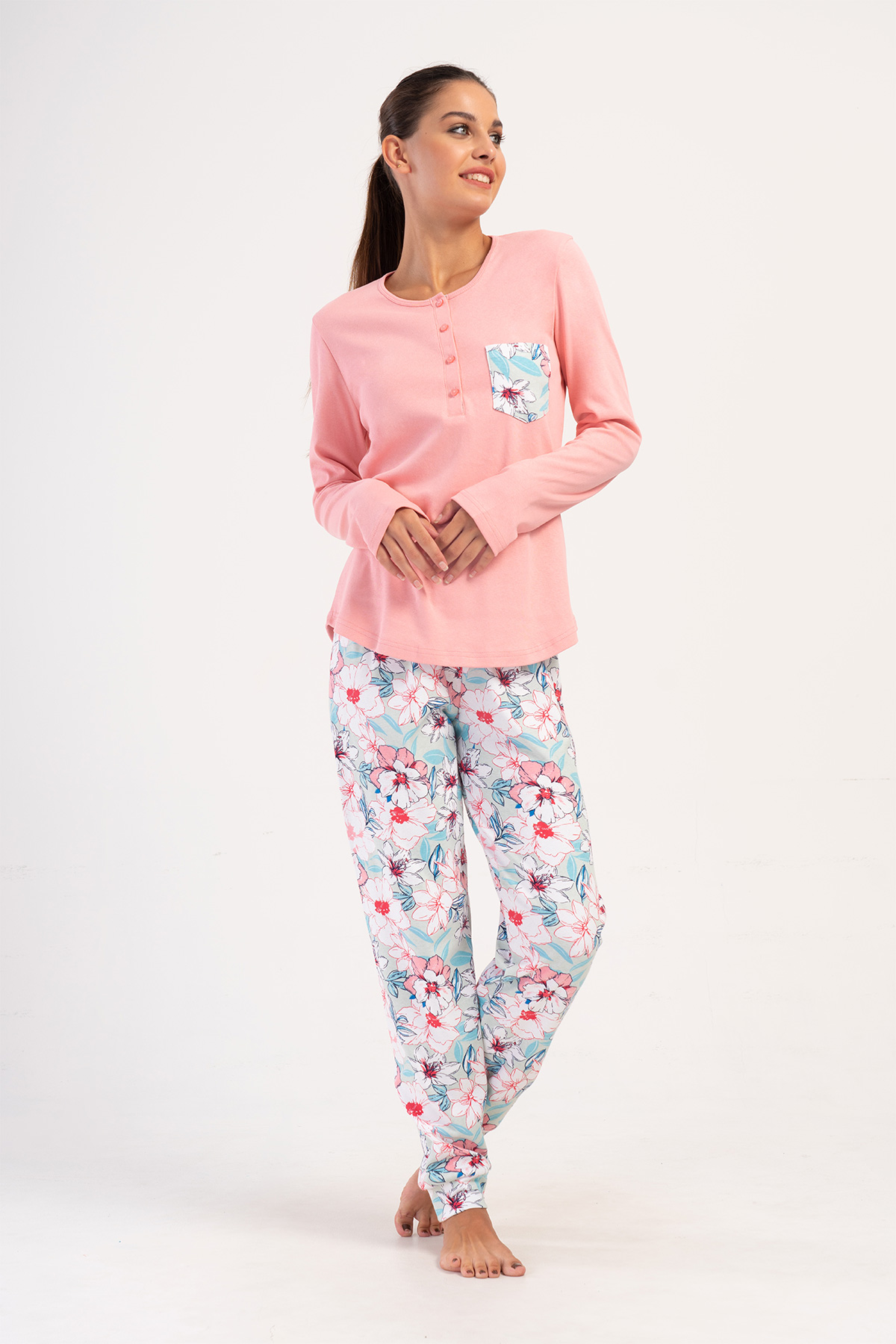 Woman Natalie Interlock Buttoned O Neck Pyjama Set