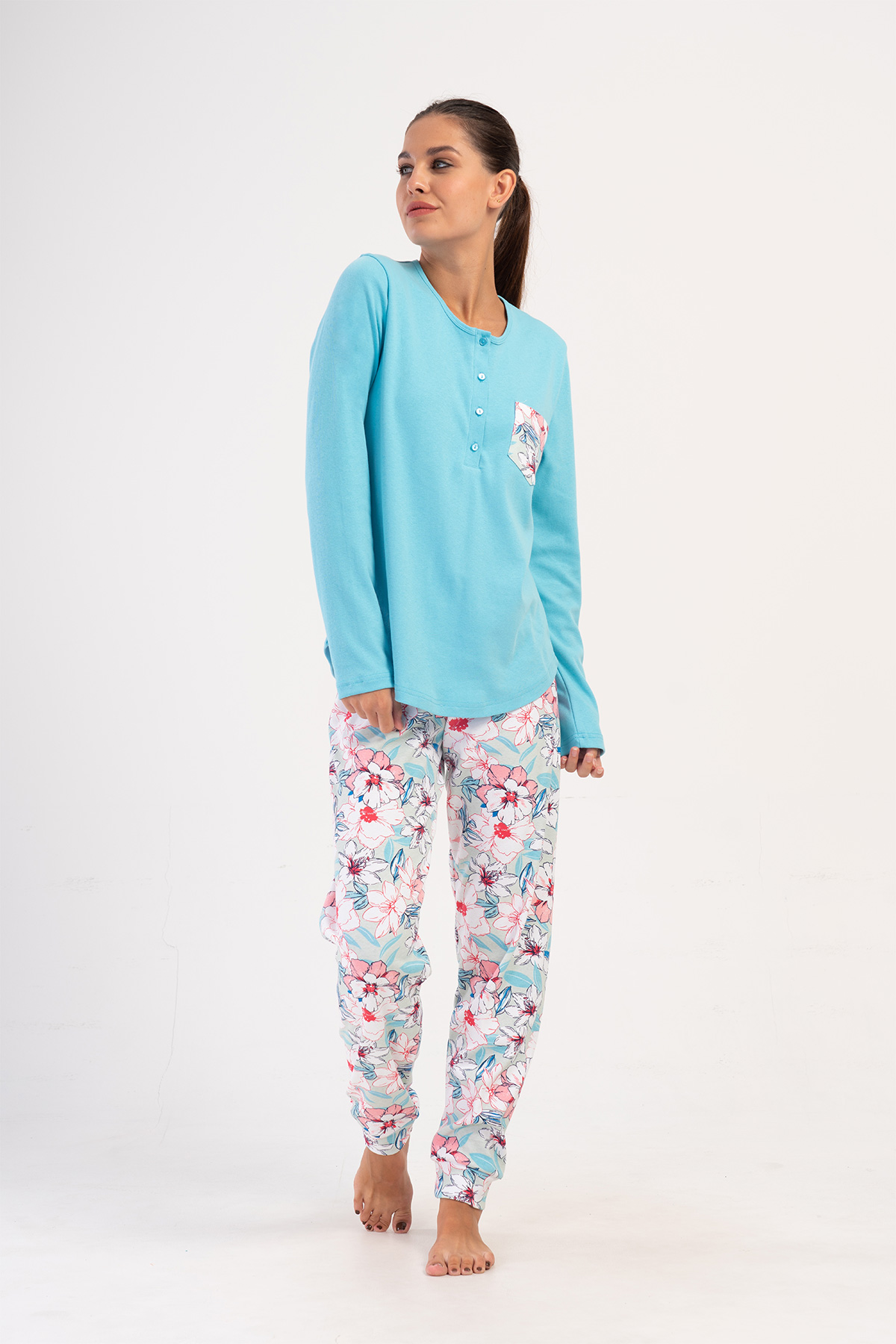 Woman Natalie Interlock Buttoned O Neck Pyjama Set