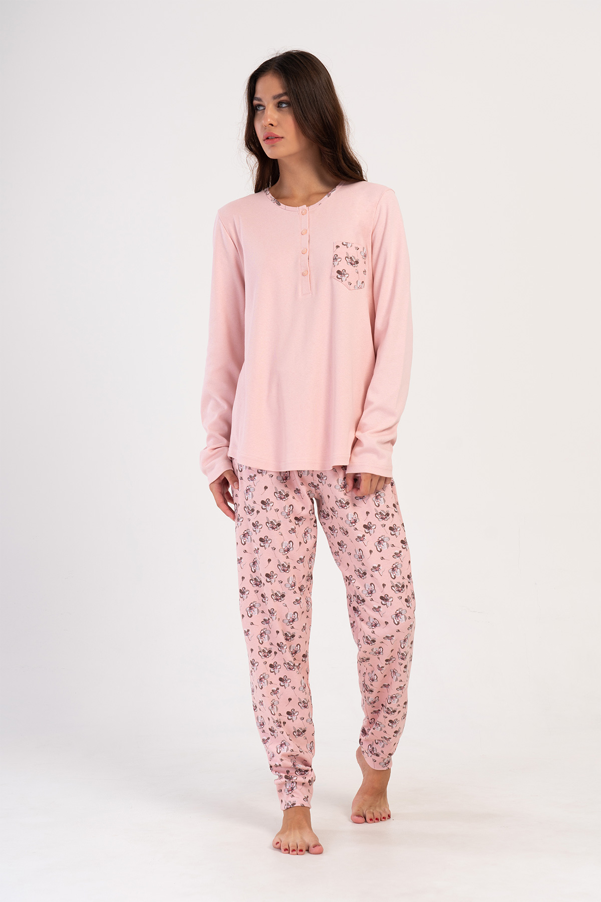 Woman Pink Interlock Buttoned O Neck Pyjama Set