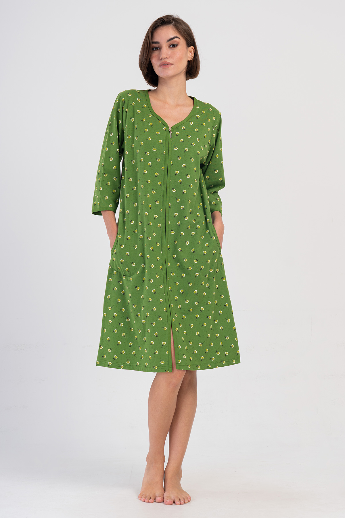 Woman Green Supreme Big Size Zipper & Pocket Detail Home Dress