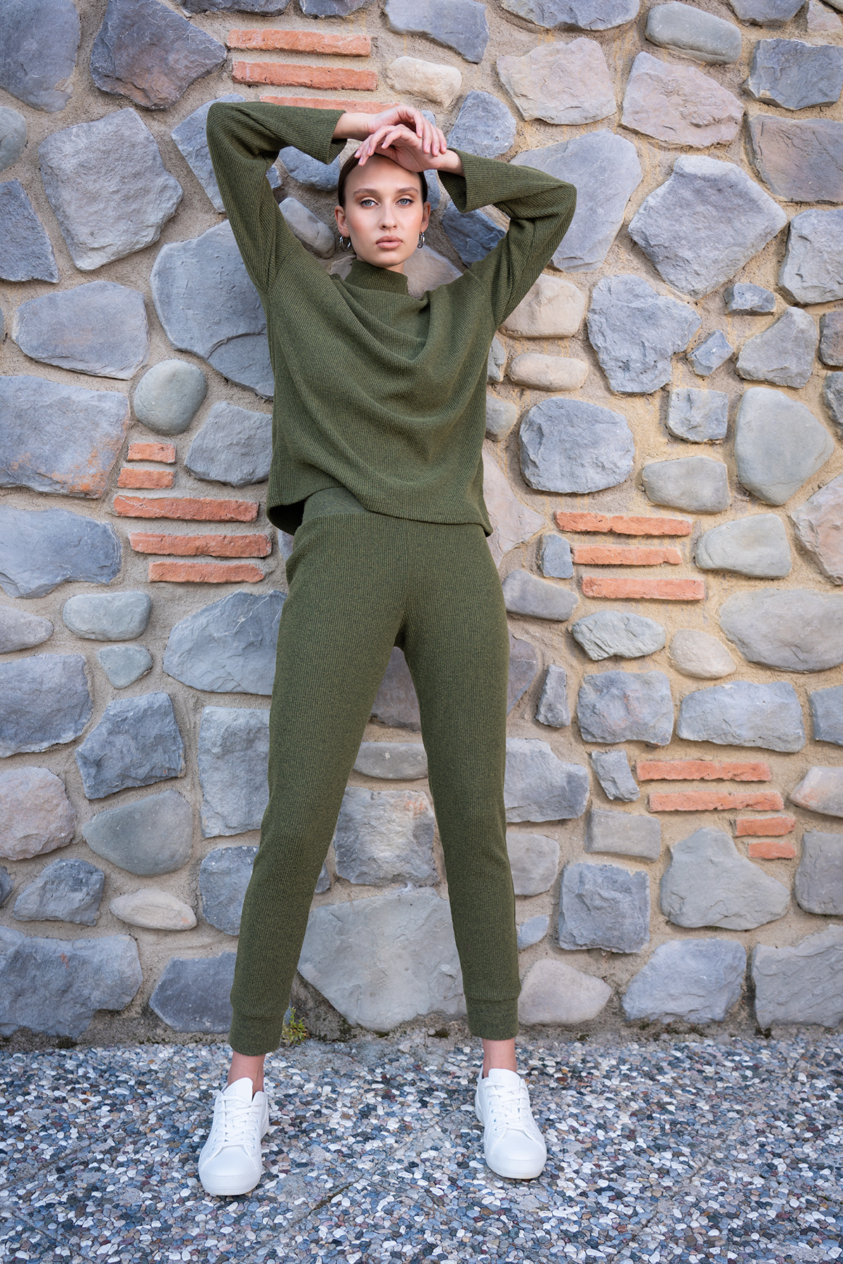 Woman Khaki Lycra Half Turtleneck Tight Set