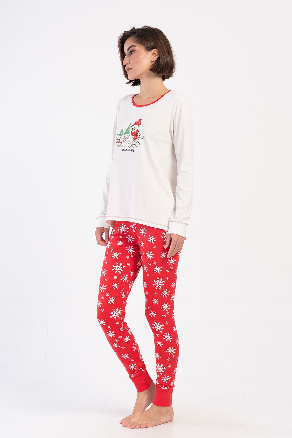 Woman Lycra Supreme Christmas Theme O Neck Long Sleeve Tight Pyjama Set