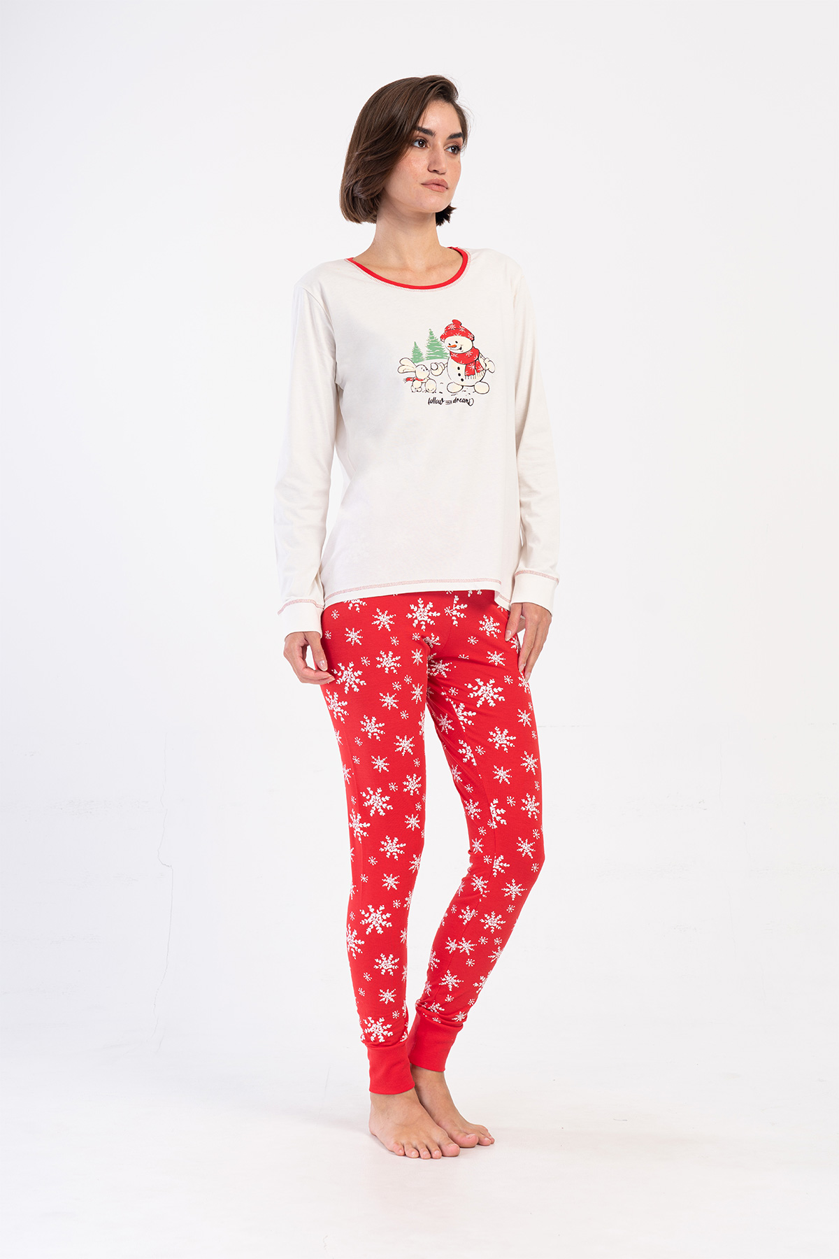 Woman Lycra Supreme Christmas Theme O Neck Long Sleeve Tight Pyjama Set