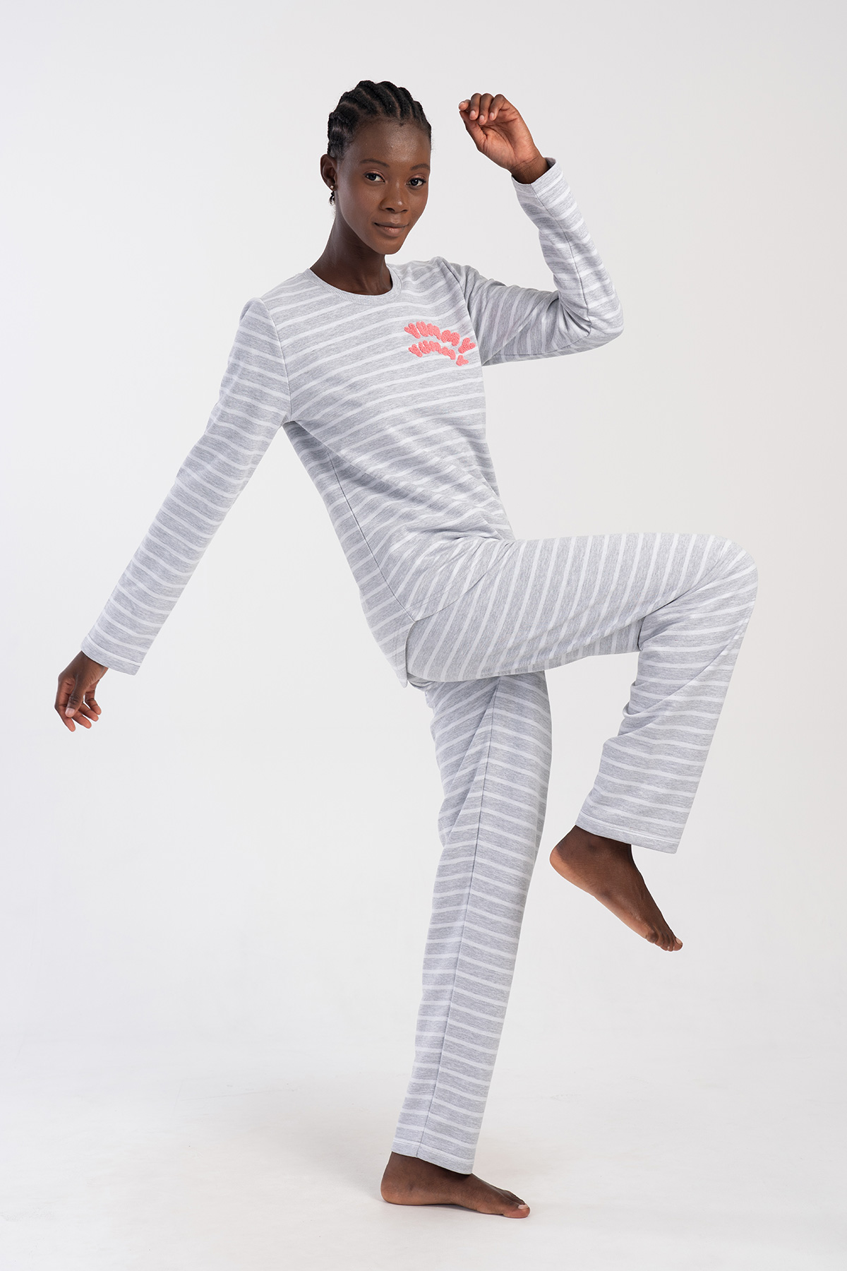 Woman Two Yarn Pine Big Size O Neck Long Sleeve Pyjama Set